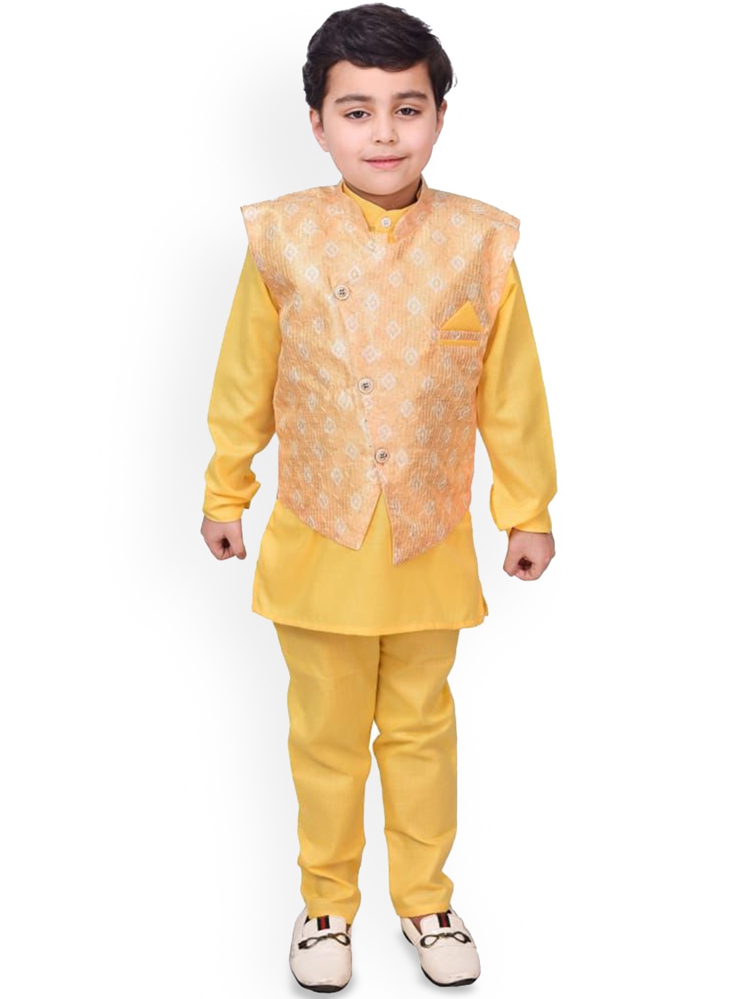 

Little Needle Boys Embroidered Regular Thread Work Kurta with Pyjamas, Yellow
