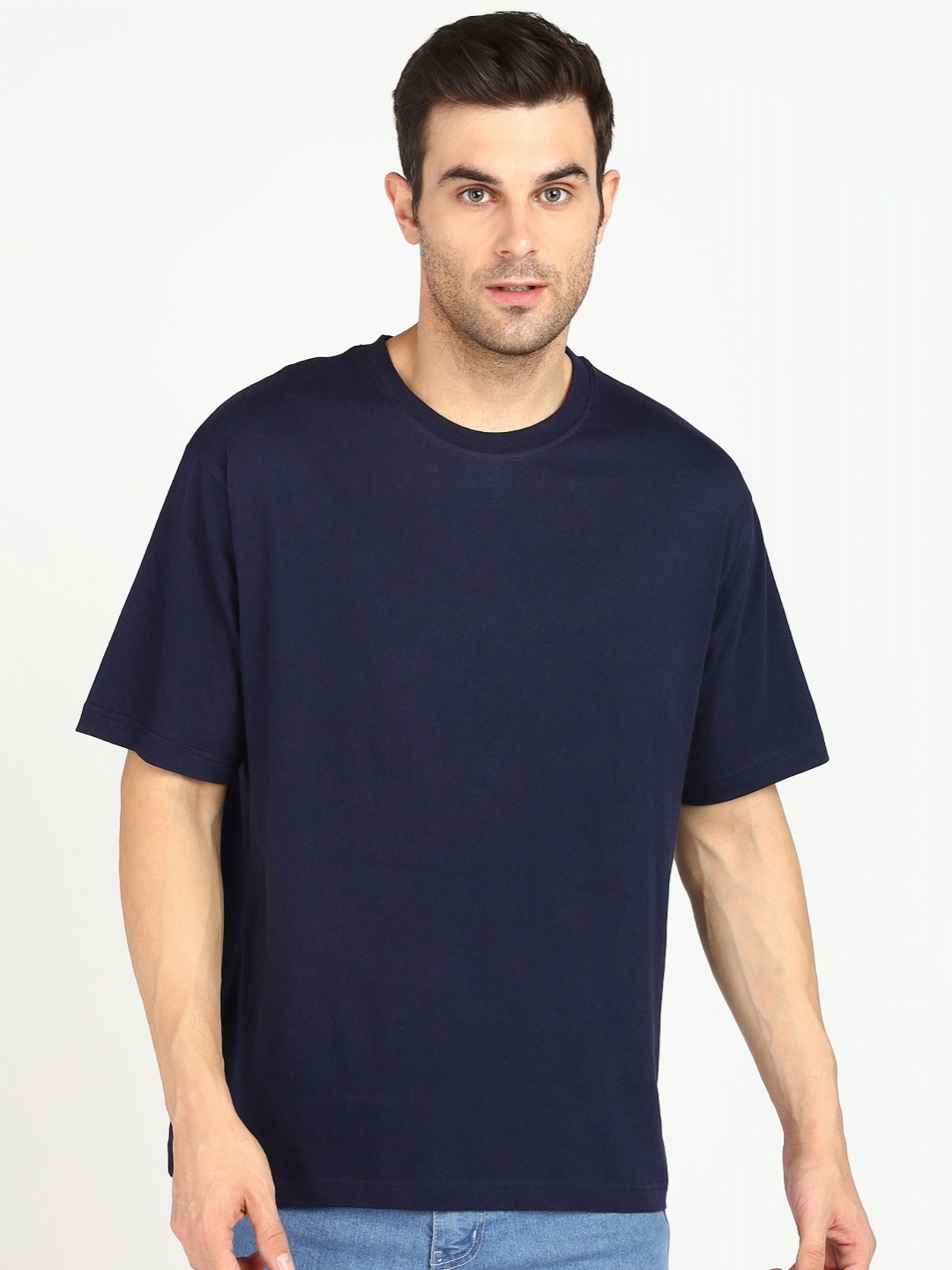 

Provogue Men Drop-Shoulder Sleeves Raw Edge Boxy T-shirt, Navy blue