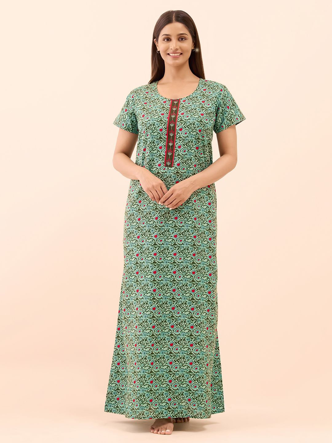 

Maybell Women Pure Cotton Printed Maxi Nightdress, Green