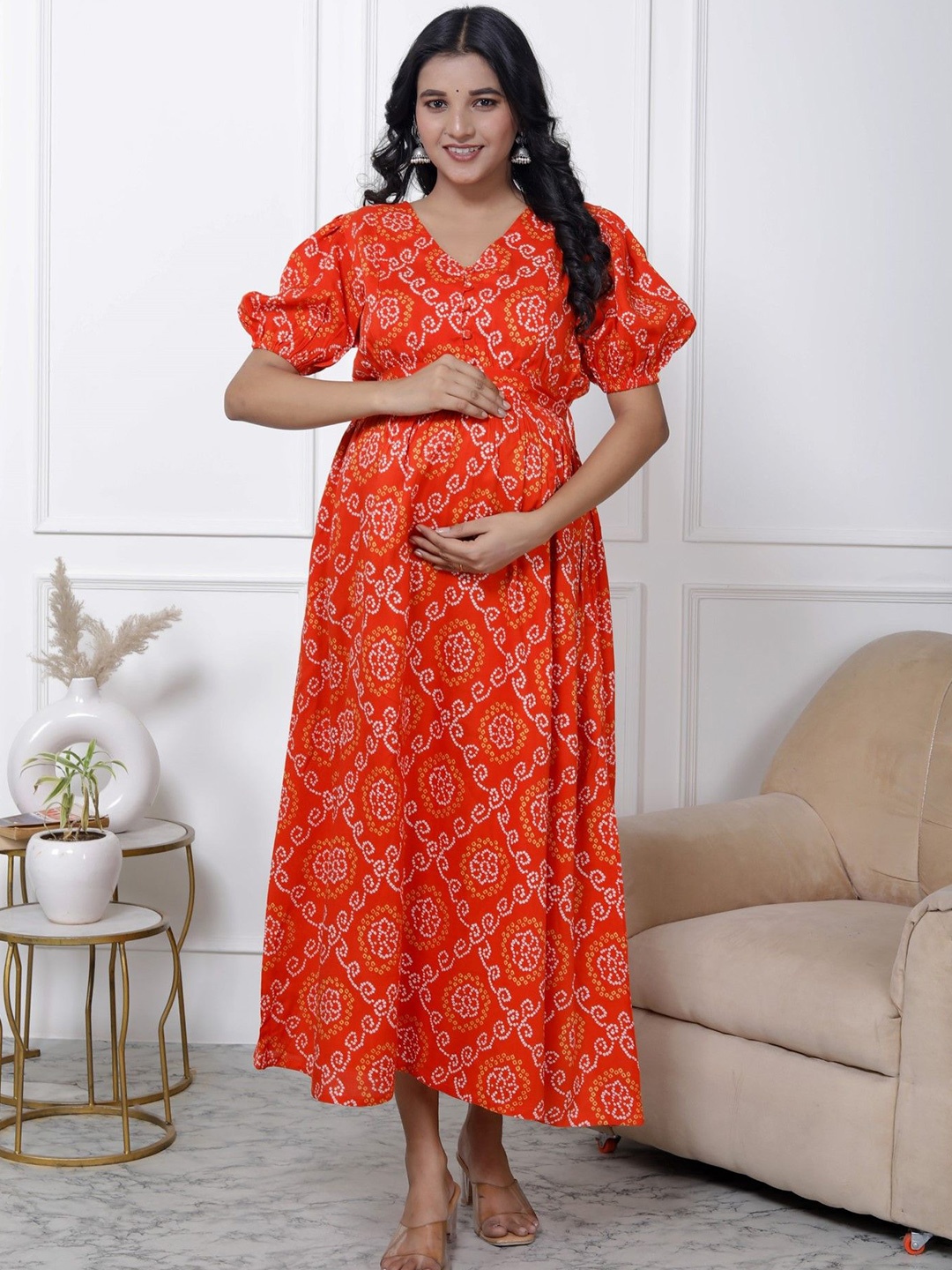 

Swasti Women Ethnic Motifs Printed Maternity Fit and Flare Dress, Orange