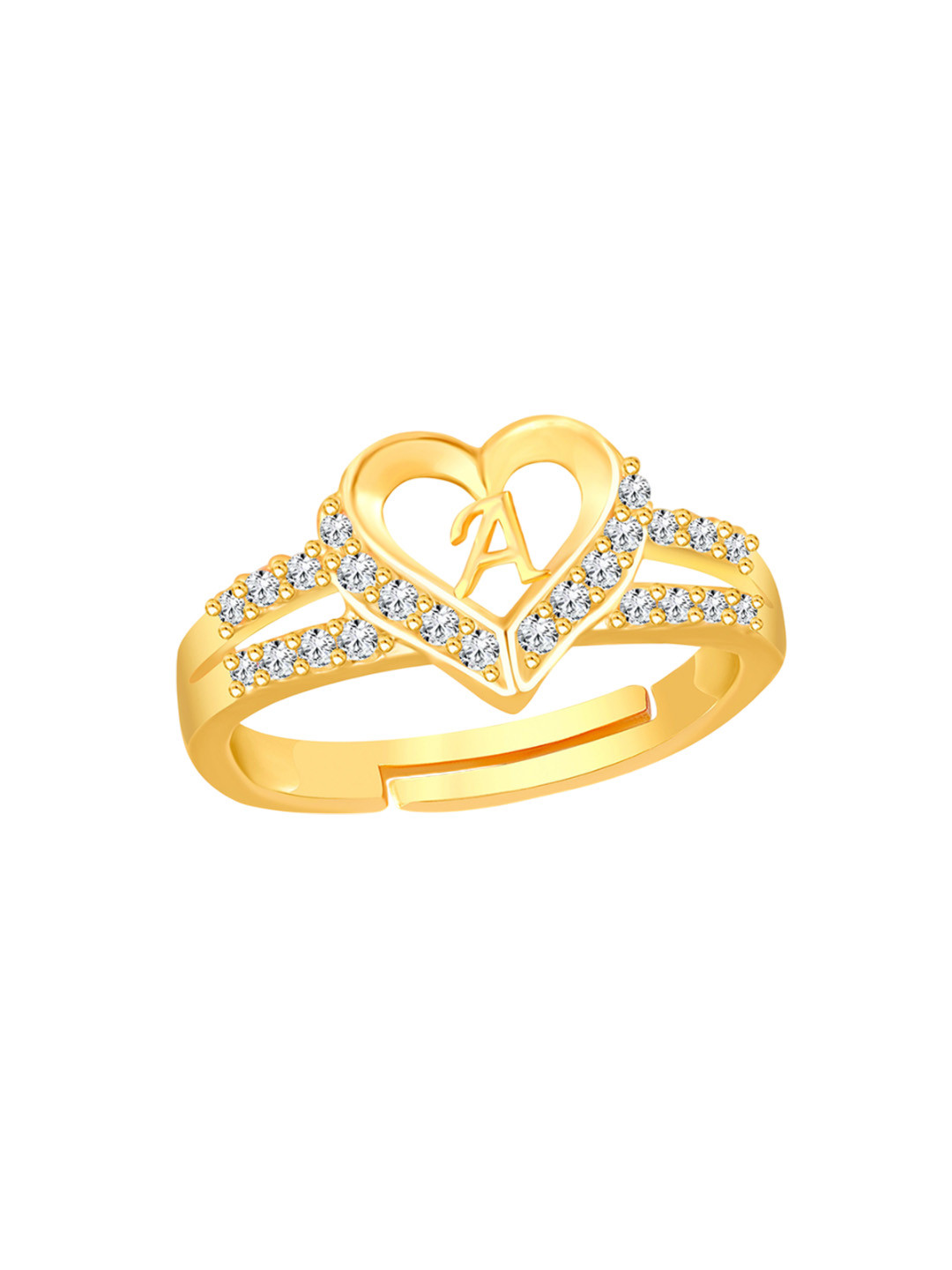 

Lila Unisex Gold-Plated Cubic Zirconia Stone Studded Alphabet A Adjustable Finger Ring