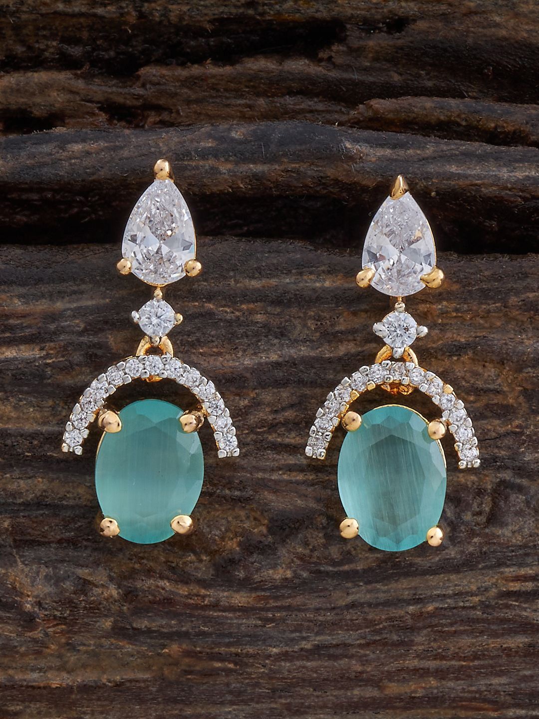 

Kushal's Fashion Jewellery Rhodium-Plated Zircon Studded Teardrop Shaped Drop Earrings, Green