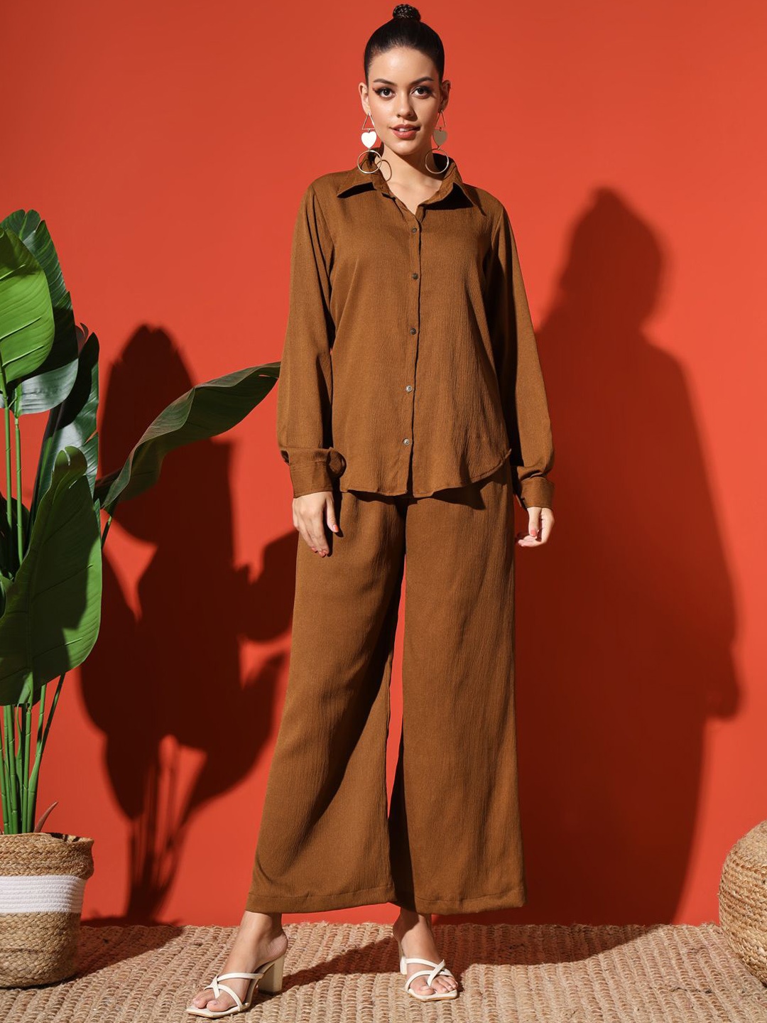 

Rudraaksha Creations Long Sleeves Shirt with Palazzo, Tan