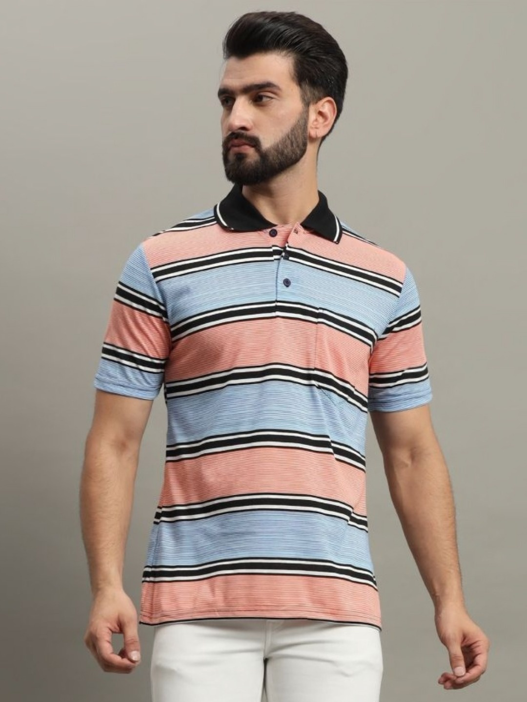 

GET GOLF Men Striped Polo Collar Cotton T-shirt, Blue