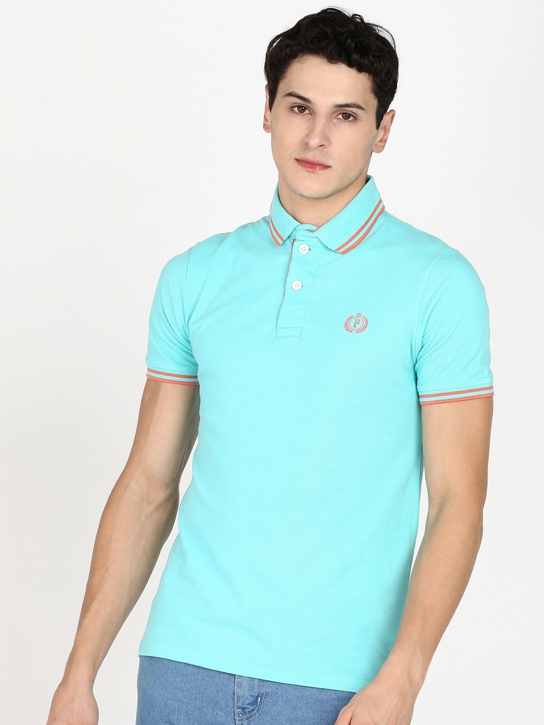 

Provogue Men Polo Collar Applique Slim Fit T-shirt, Turquoise blue