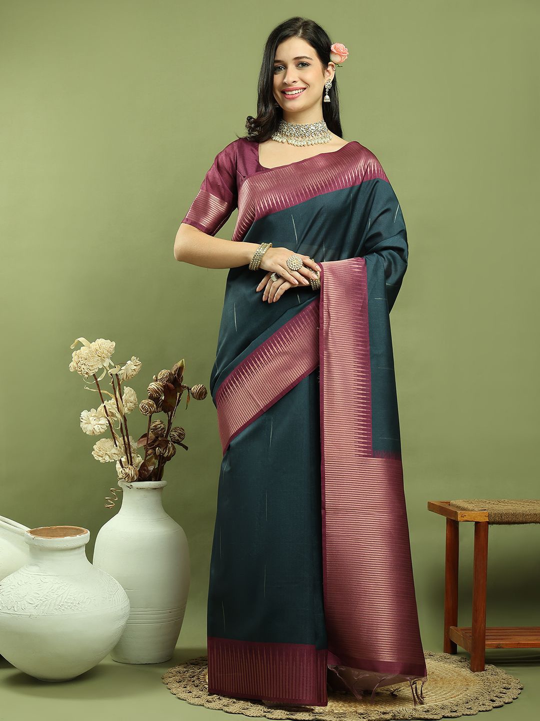 

Stylee LIFESTYLE Woven Design Zari Saree, Teal