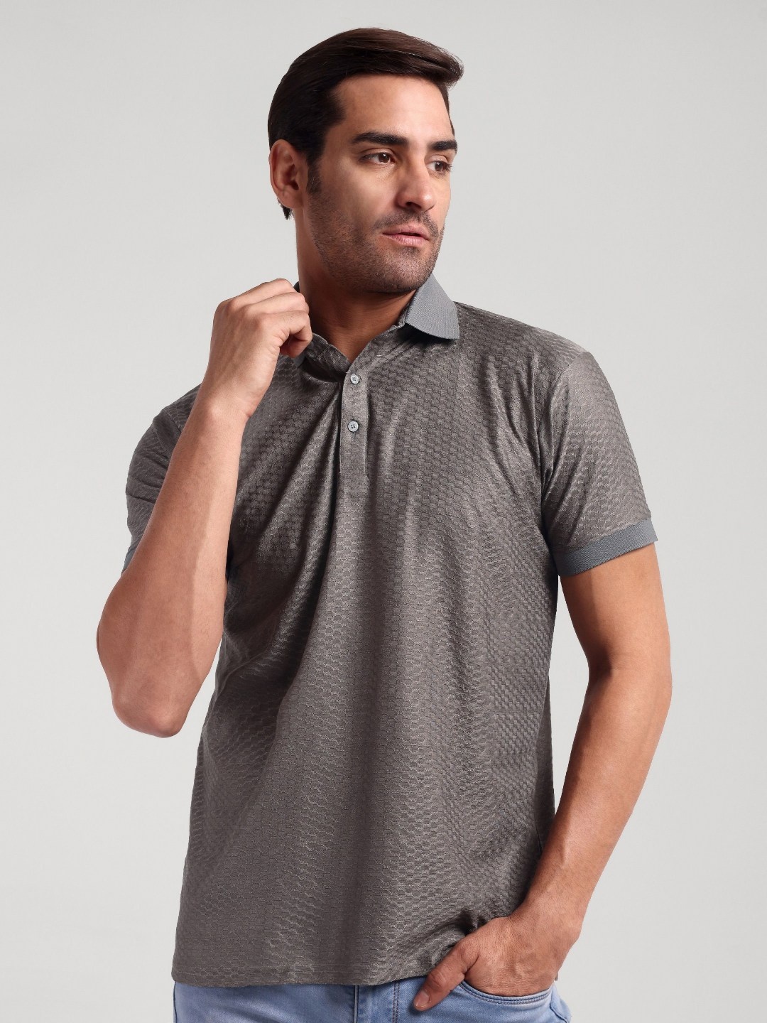 

LUXURIT Men Polo Collar Pockets T-shirt, Grey