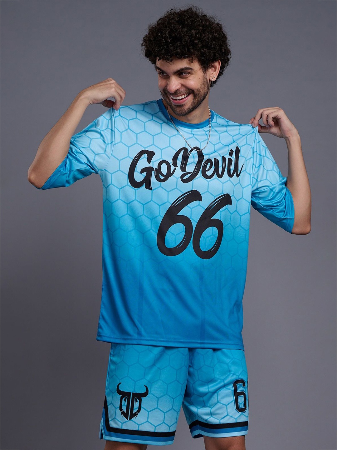 

GO DEVIL Printed Round Neck T-Shirt & Shorts, Turquoise blue