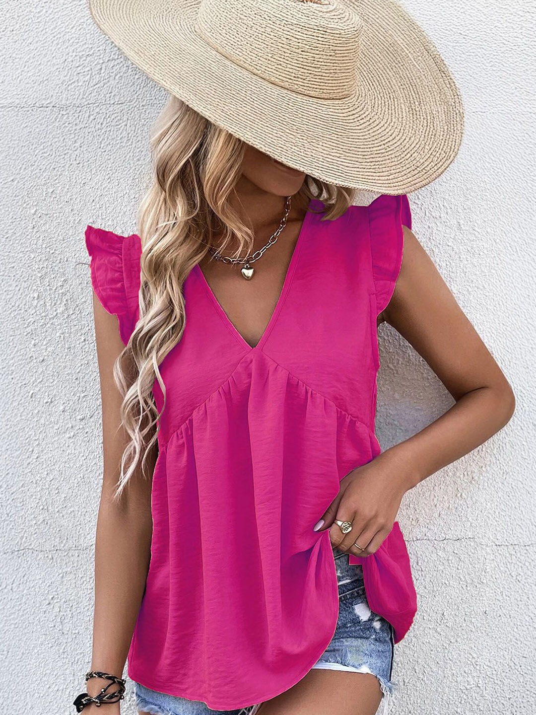 

StyleCast Women V-Neck Flutter Sleeves A-Line Top, Pink