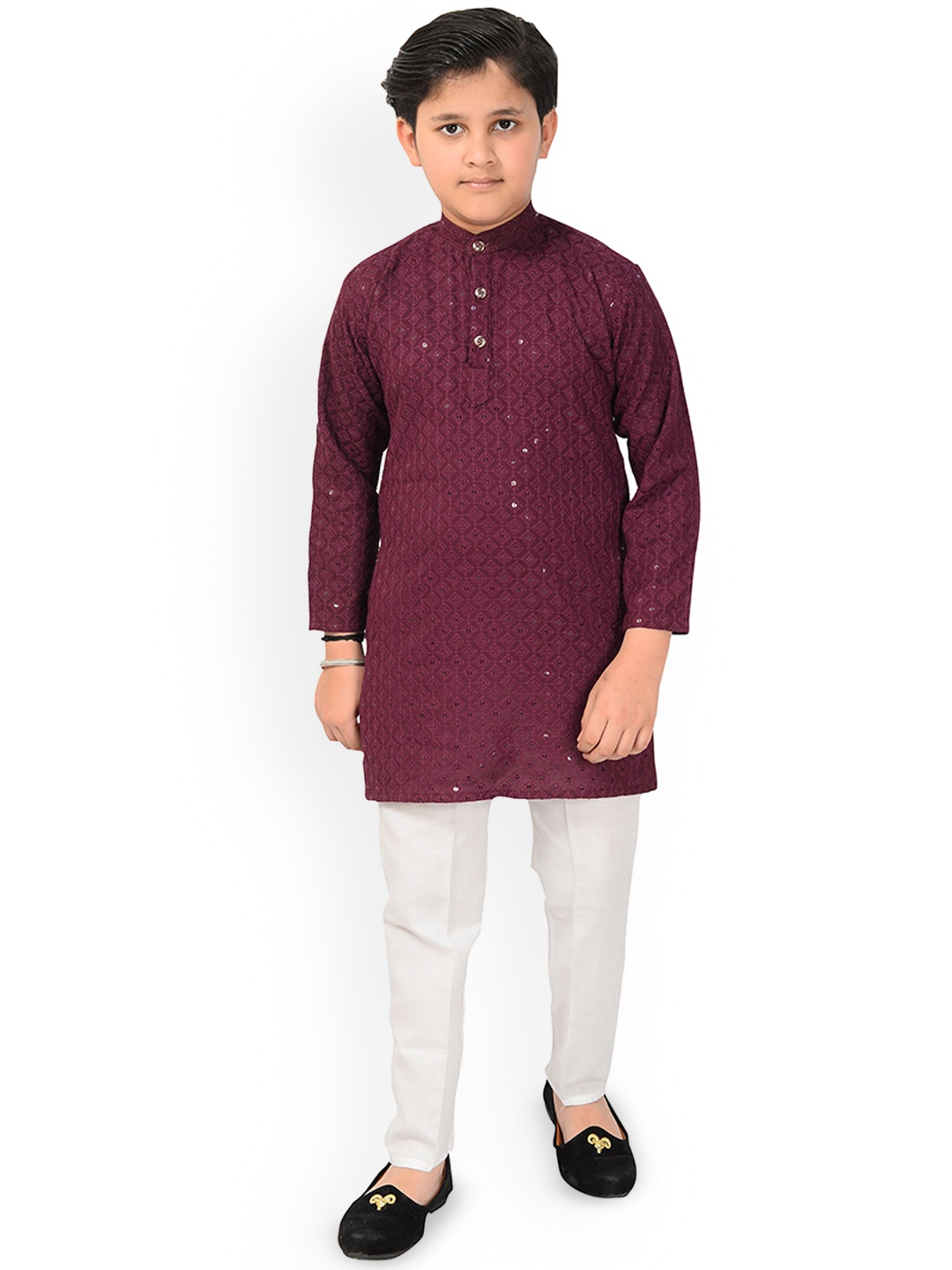 

Little Needle Boys Embroidered Regular Chikankari Kurta with Trousers, Purple