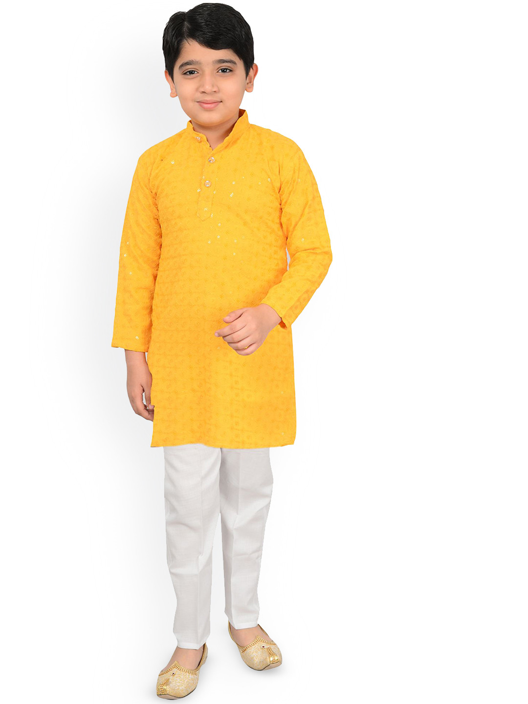 

Little Needle Boys Floral Embroidered Regular Chikankari Kurta with Trousers, Yellow