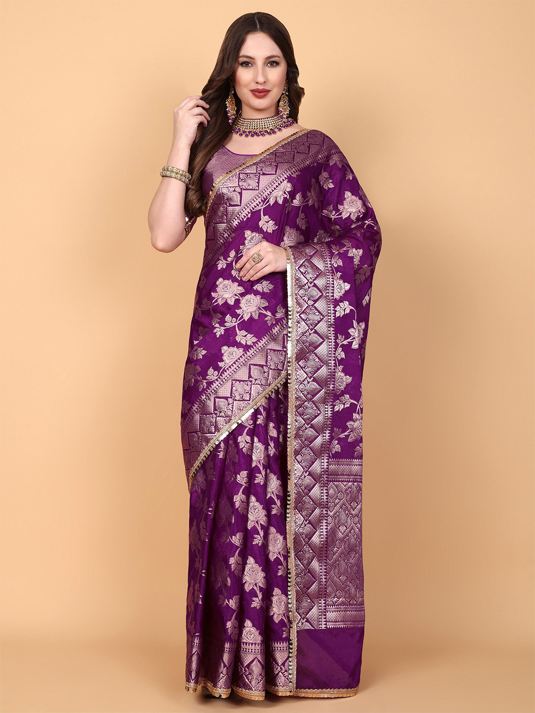

Vastrang Ethnic Motifs Woven Design Zari Banarasi Saree, Purple