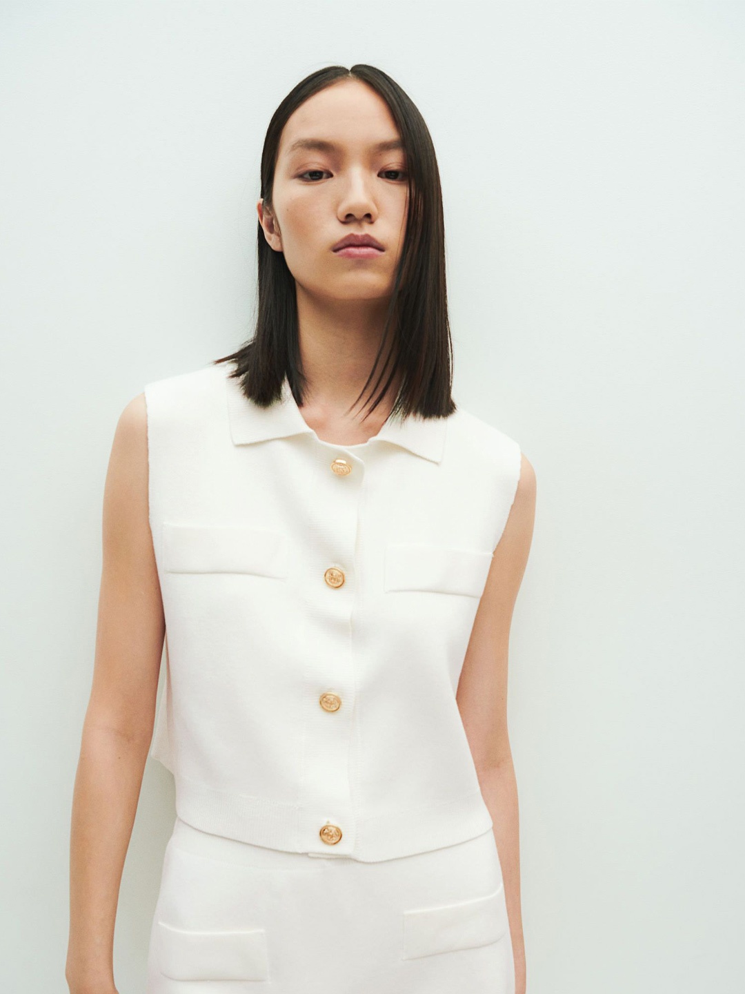 

H&M Fine Knit Button Front Top, White