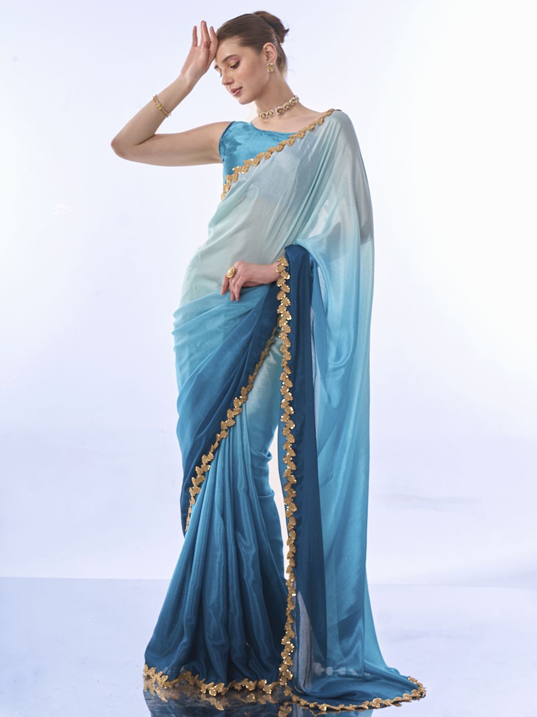 

modeva Sequinned Satin Ready to Wear Saree, Blue