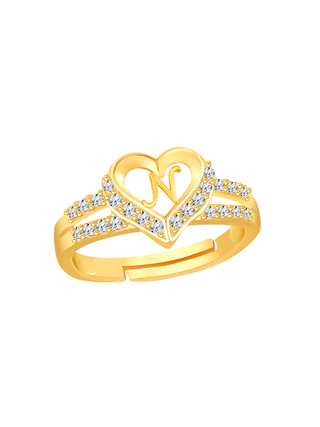 

Lila Unisex Gold-Plated Cubic Zirconia Stone Studded Alphabet N Adjustable Finger Ring