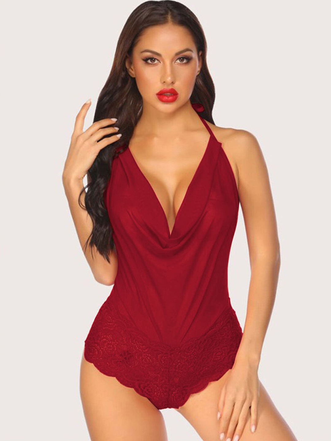 

VAGHBHATT Women Halter Neck Baby Doll, Maroon
