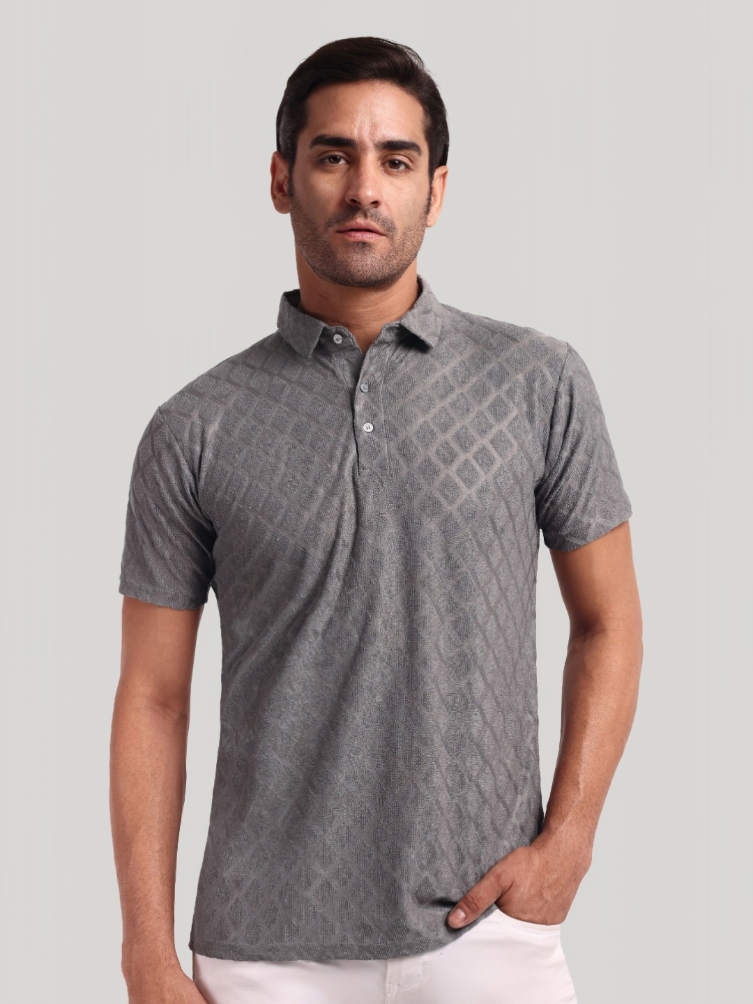 

LUXURIT Men Polo Collar Pockets T-shirt, Grey