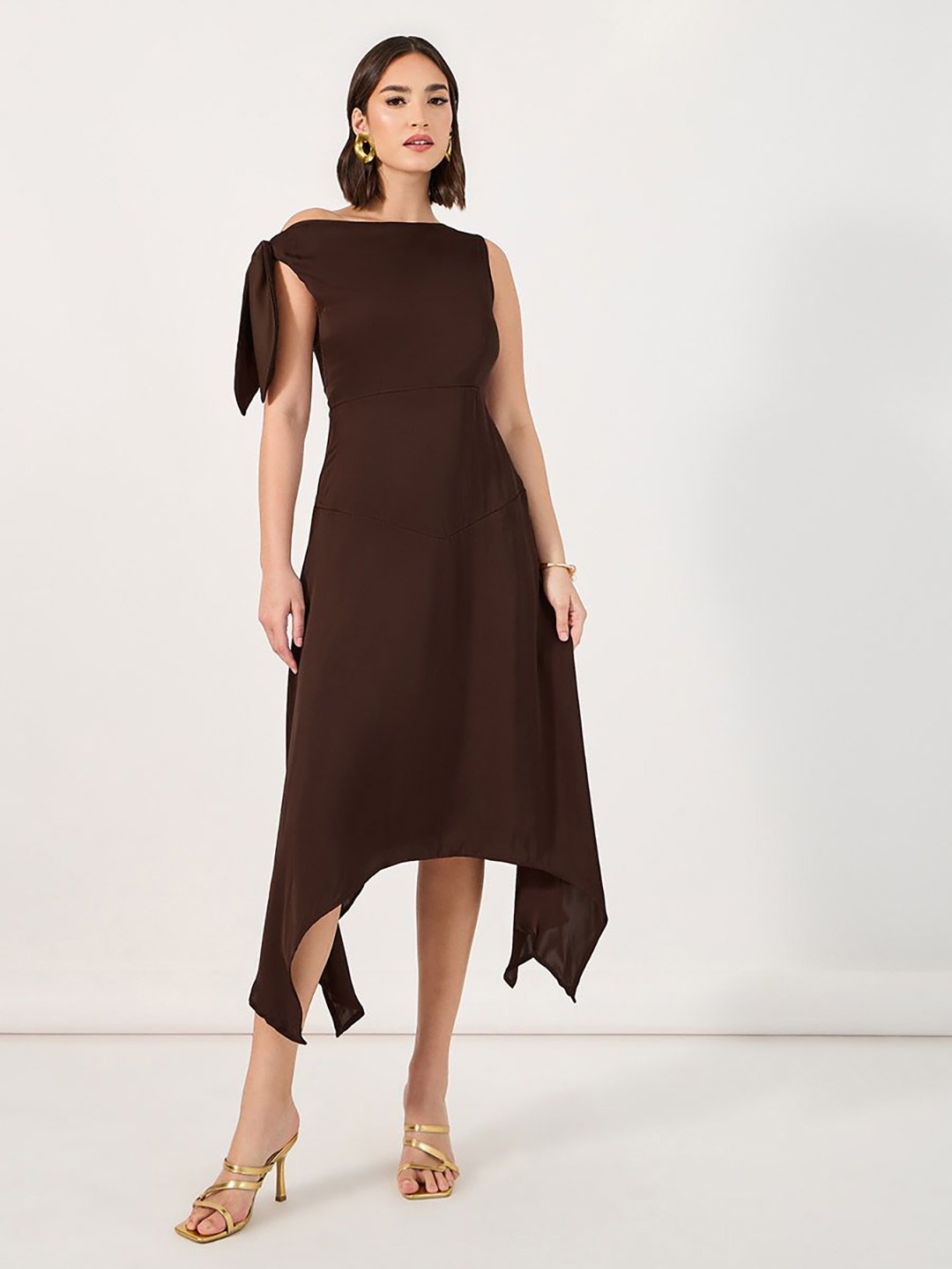 

Styli Women Boat Neck Sleeveless A-Line Satin Midi Length Dress, Brown
