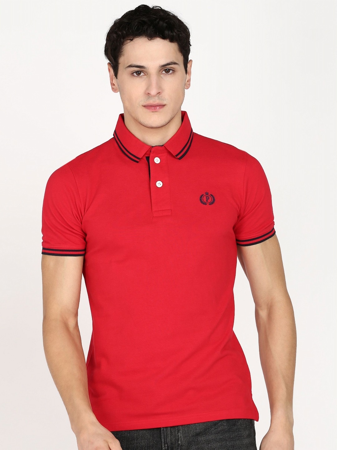 

Provogue Men Polo Collar Applique Slim Fit T-shirt, Red