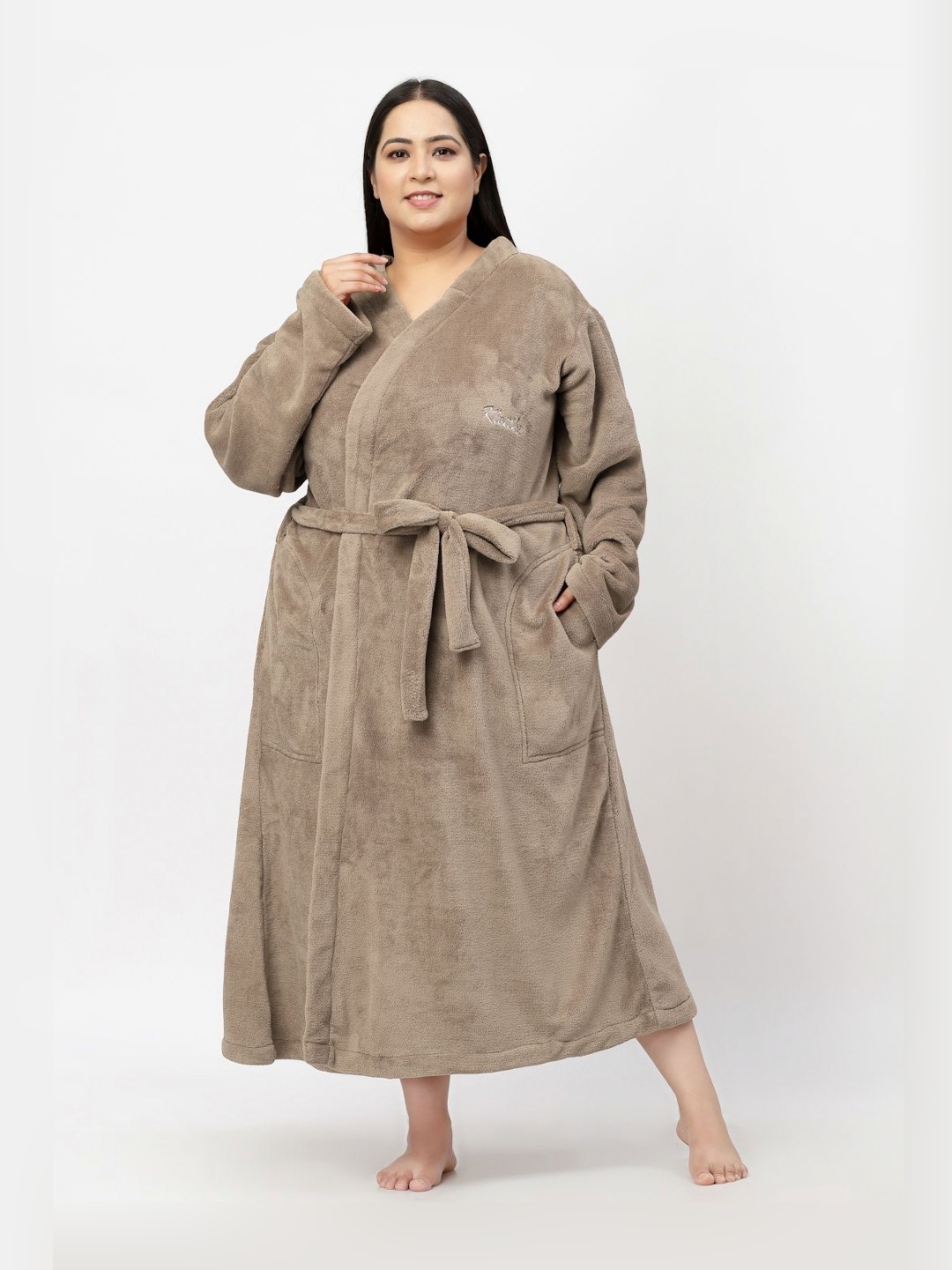 

KLOTTHE Plus Size Shawl Neck Woolen Bath Robe With Belt, Brown