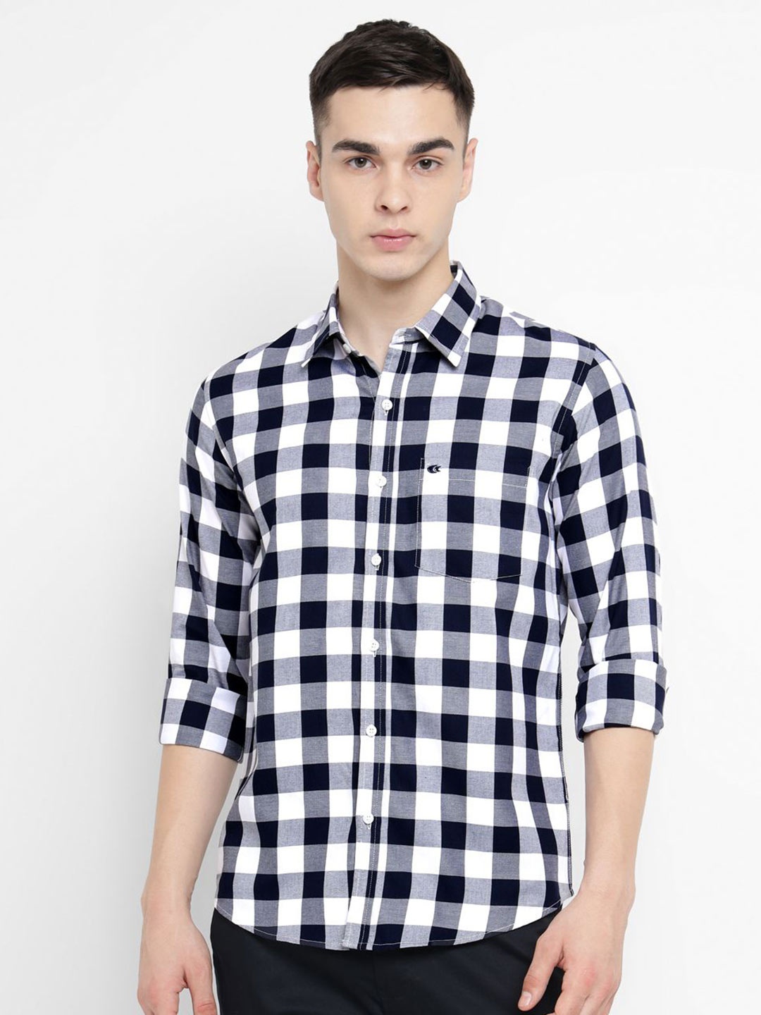 

Allen Cooper Men Slim Fit Gingham Checks Opaque Checked Casual Shirt, Blue