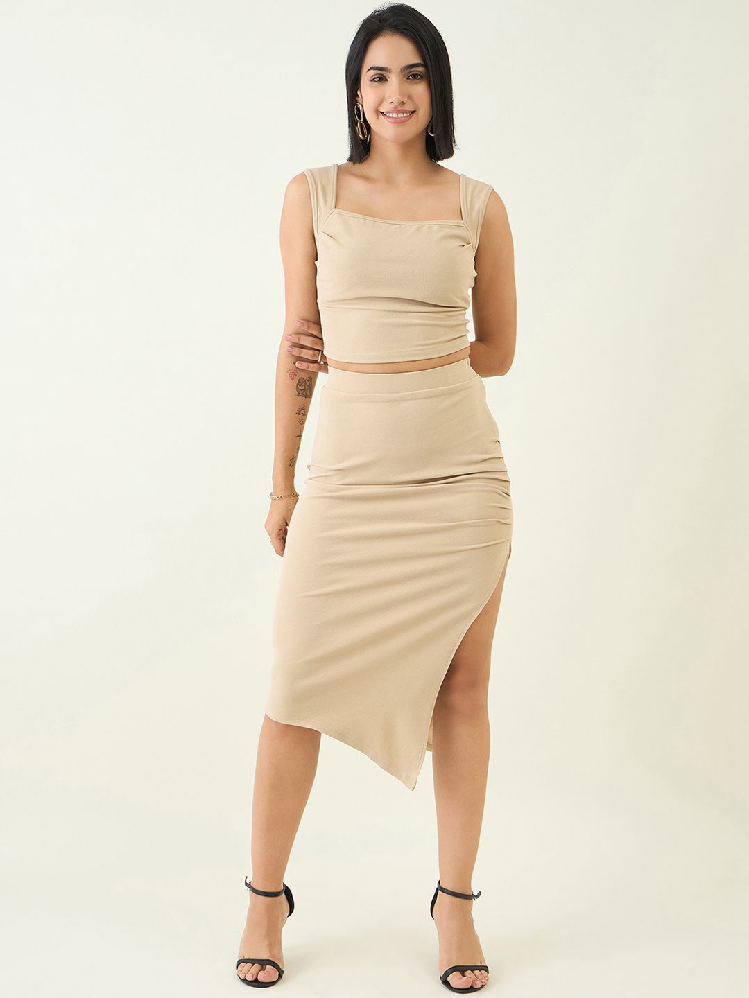 

aayu Square Neck Sleeveless Top With Skirt, Cream