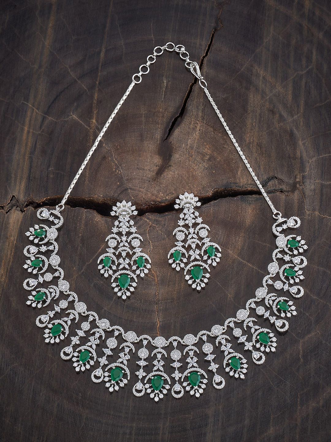 

Kushal's Fashion Jewellery Rhodium-Plated CZ Studded Jewellery Set, Silver