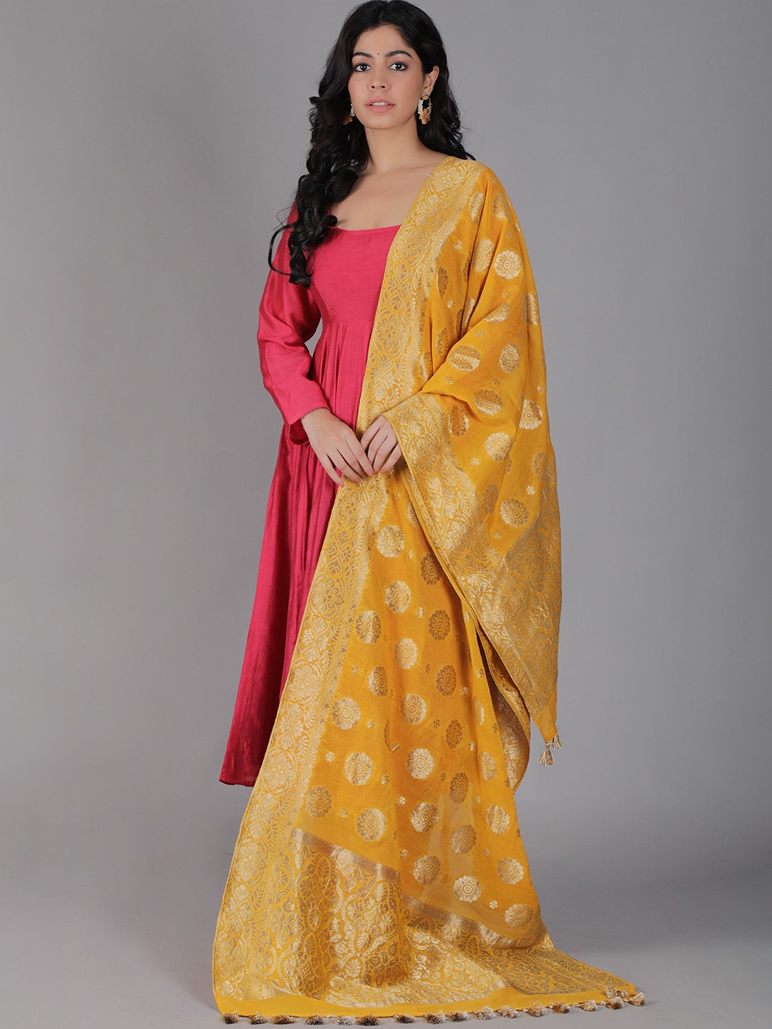 

TJORI Woven Design Dupatta with Zari, Yellow