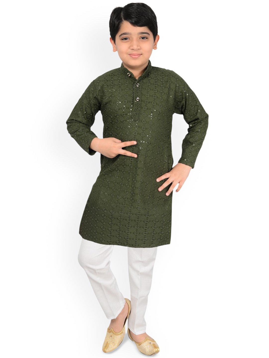 

Little Needle Boys Ethnic Motifs Embroidered Regular Chikankari Kurta with Pyjamas, Olive