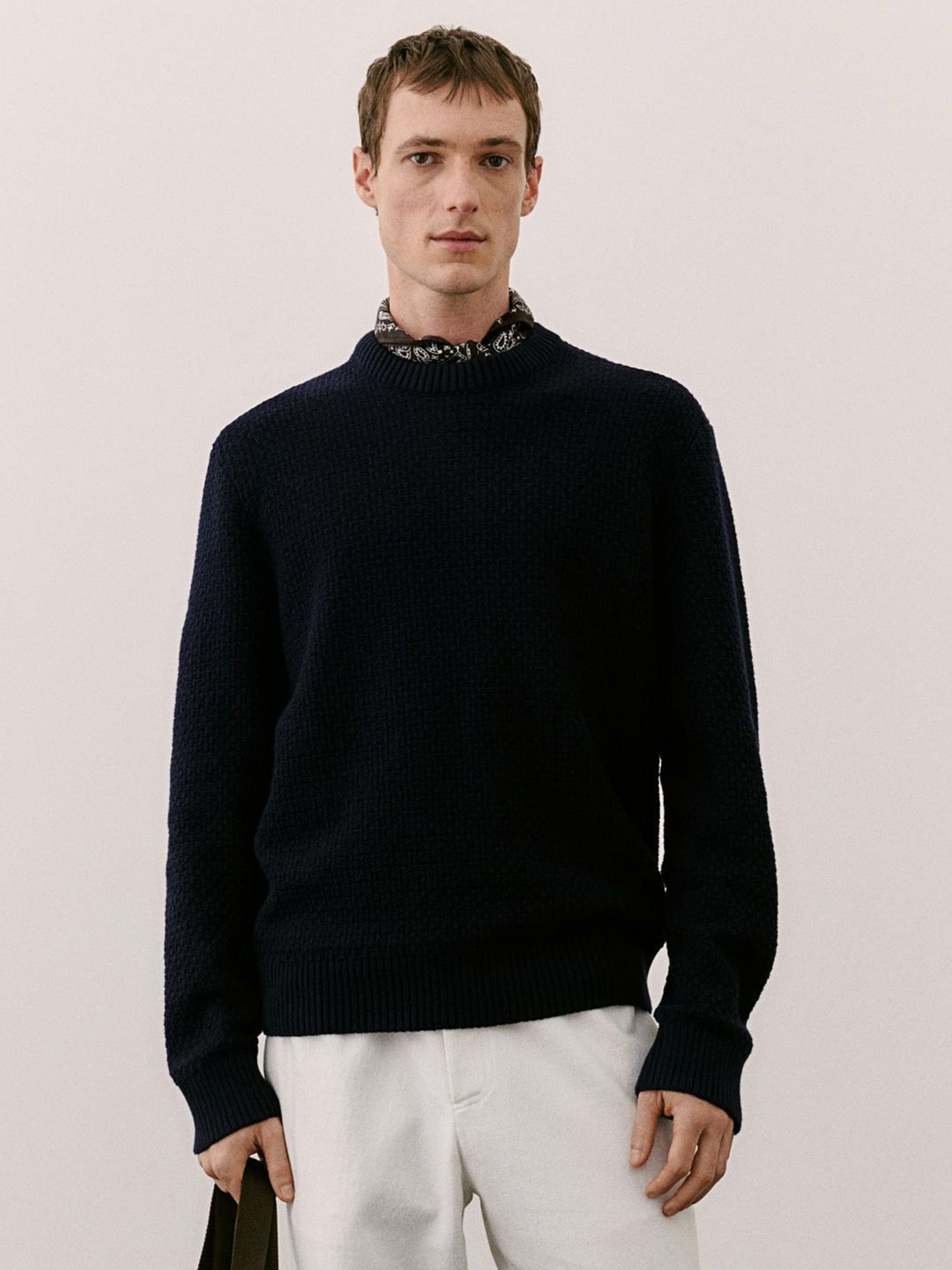 

H&M Men Pure Cotton Textured-Knit Jumper, Blue