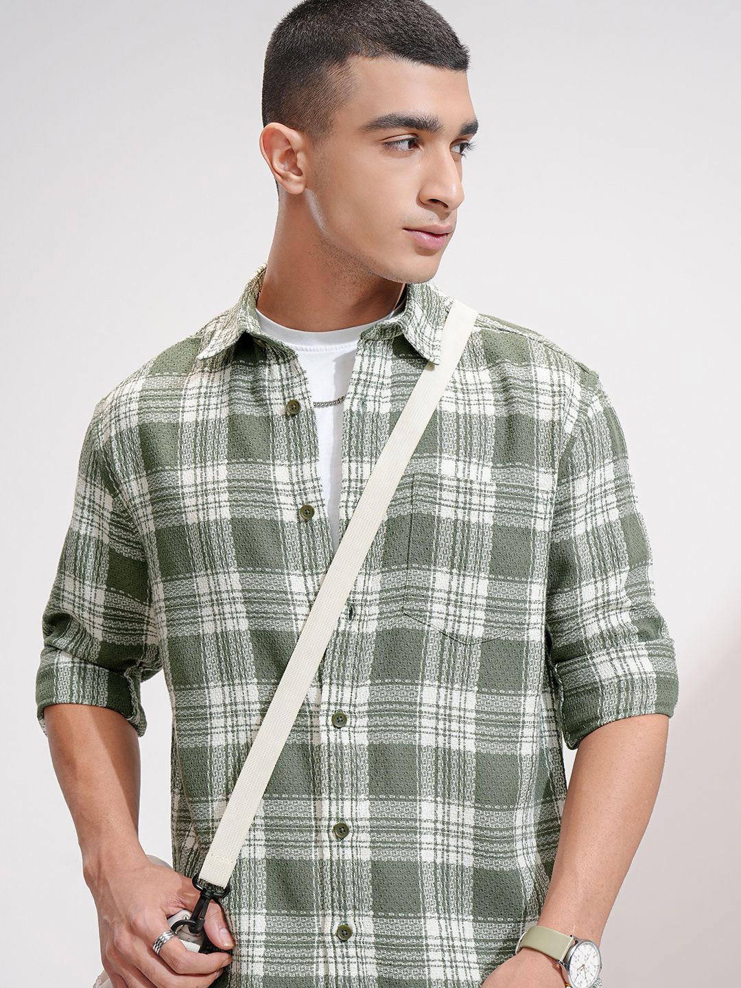 

HIGHLANDER Men Opaque Checked Casual Shirt, Olive