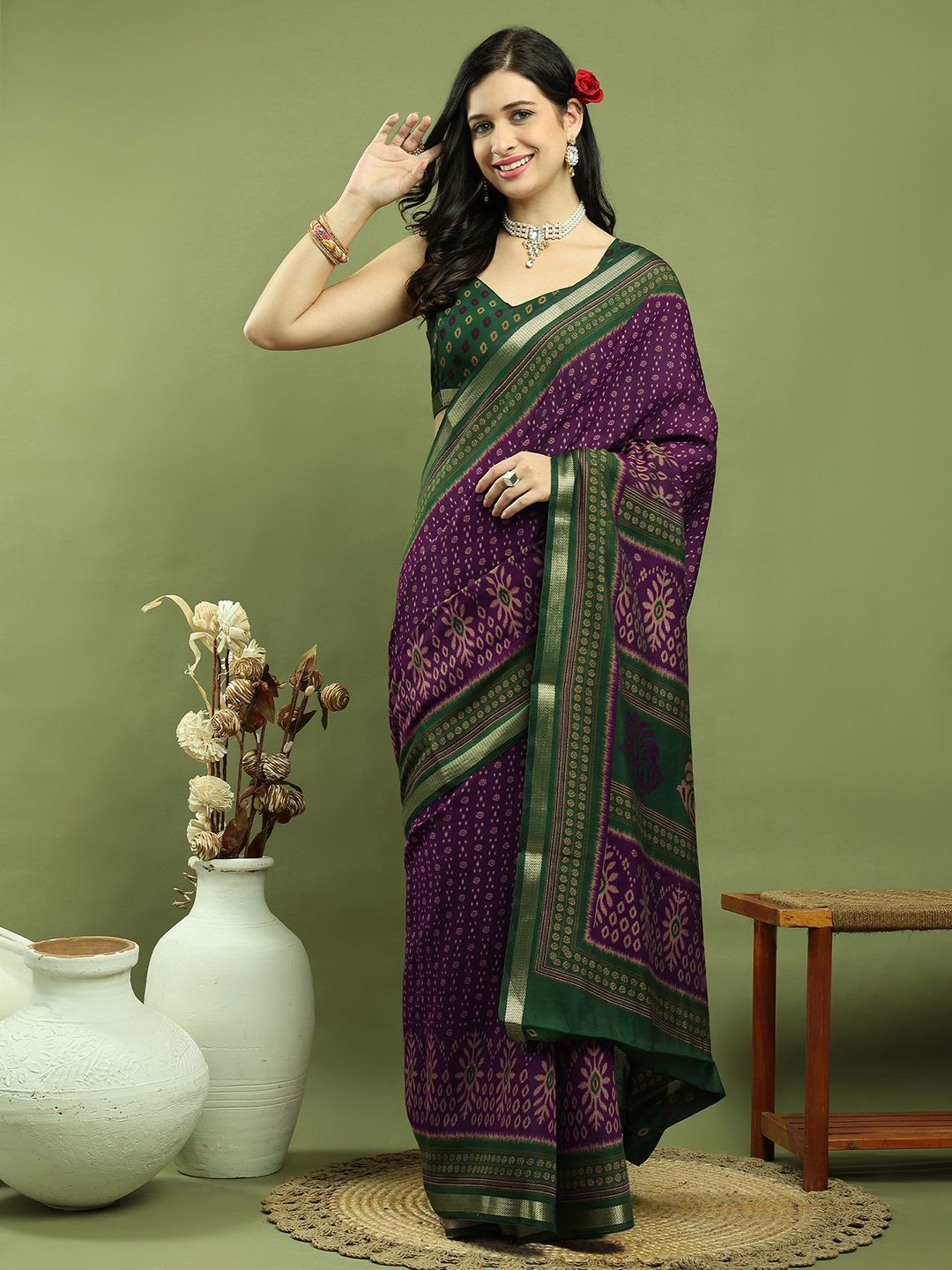 

Stylee LIFESTYLE Ethnic Motifs Printed Zari Saree, Purple