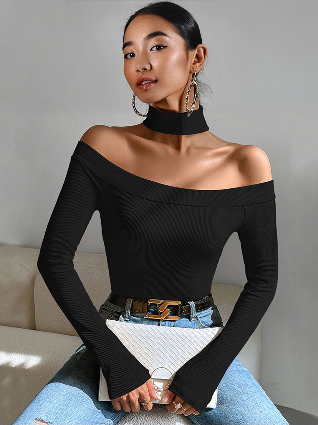 

StyleCast Women Choker Neck Bardot Crop Top, Black