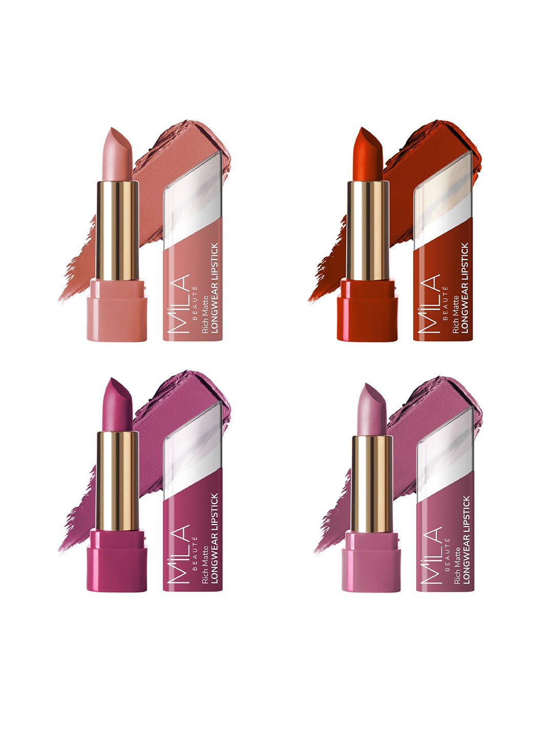 

MILA BEAUTE Set Of 4 Rich Matte Long Wear Lipsticks - 4.2 g Each - 618 - 619 - 620 - 621, Multi