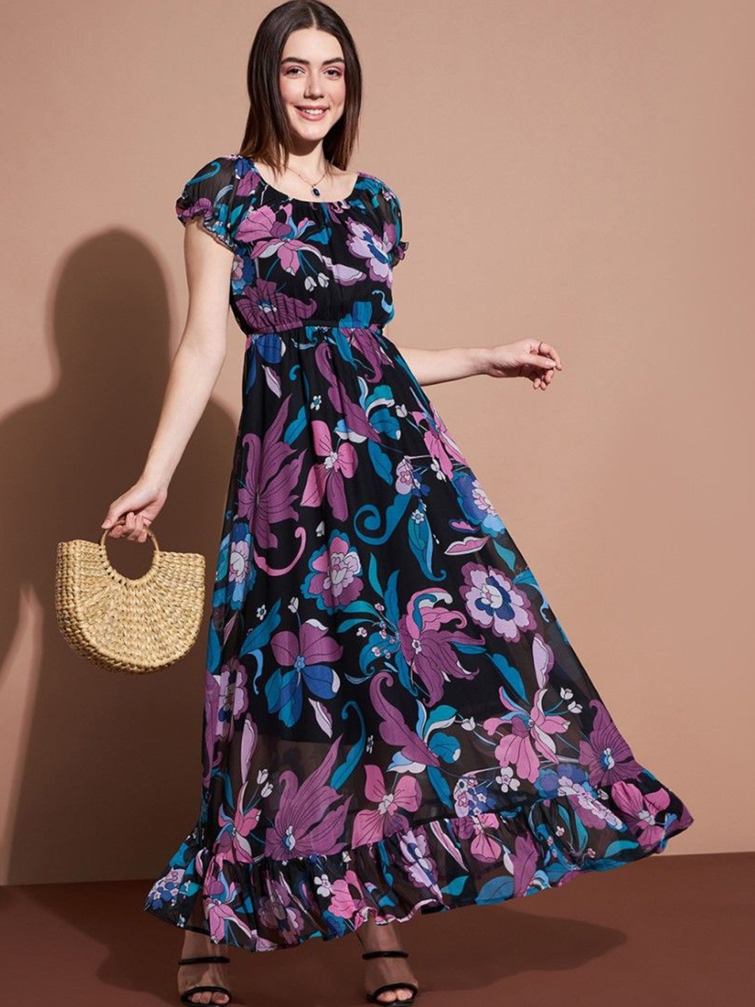 

Raiyani Enterprise Georgette Floral Printed Puff Sleeves Fit and Flare Maxi Dress, Black