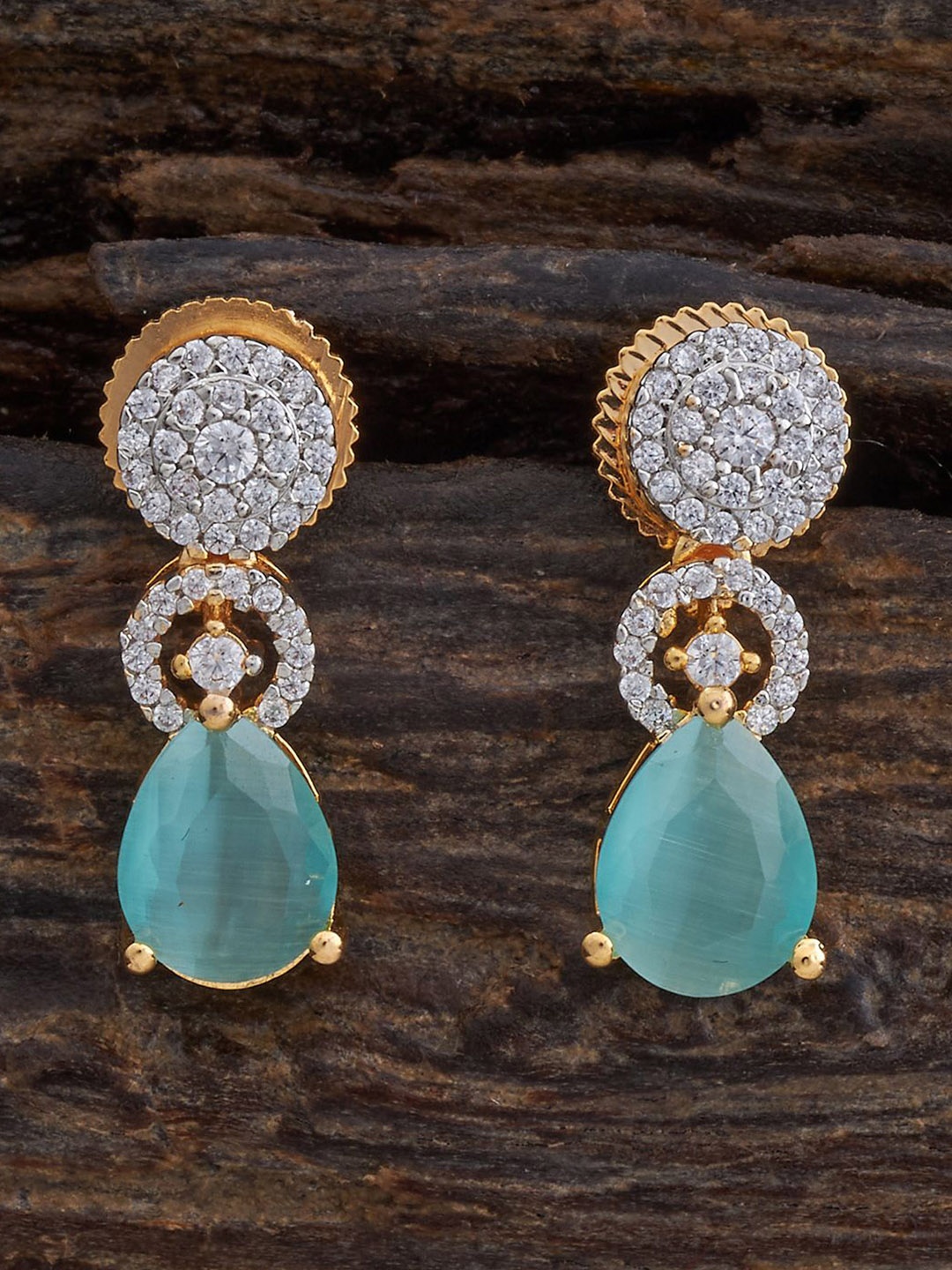 

Kushal's Fashion Jewellery Rhodium Gold-Plated Zircon Studded Teardrop Shaped Drop Earrings