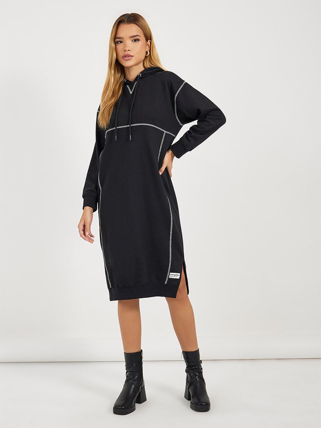 

Styli Contrast Overlock Stich Hooded Sweater Dress, Black