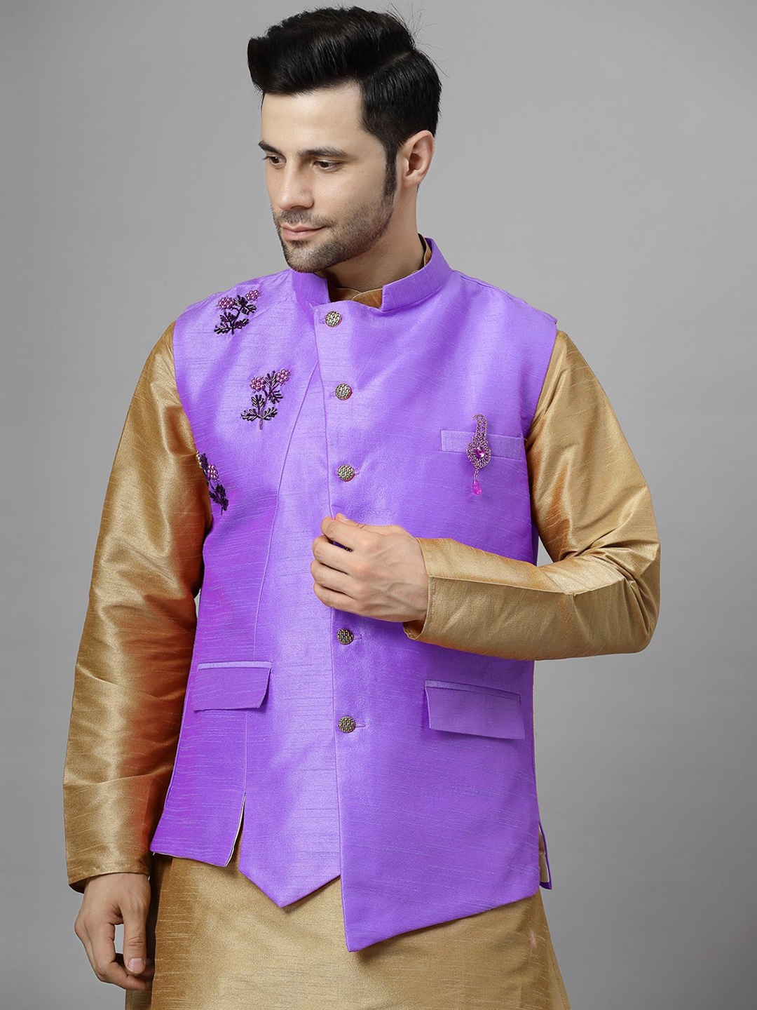 

Utsav Fashion Men Embroidered Asymmetric Nehru Jacket, Purple