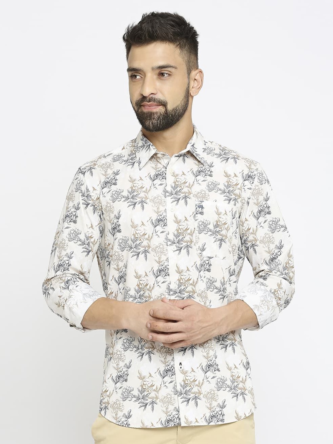 

Basics Men Slim Fit Opaque Printed Casual Shirt, Beige