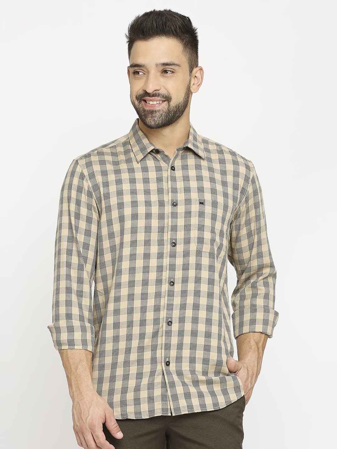 

Basics Men Slim Fit Shepherd Checks Opaque Checked Casual Shirt, Beige