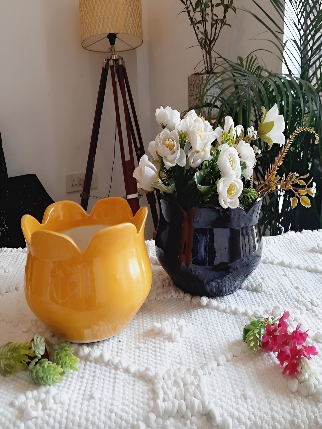 

NIYARA 2-Pcs Yellow & Black Glossy Ceramic Planters