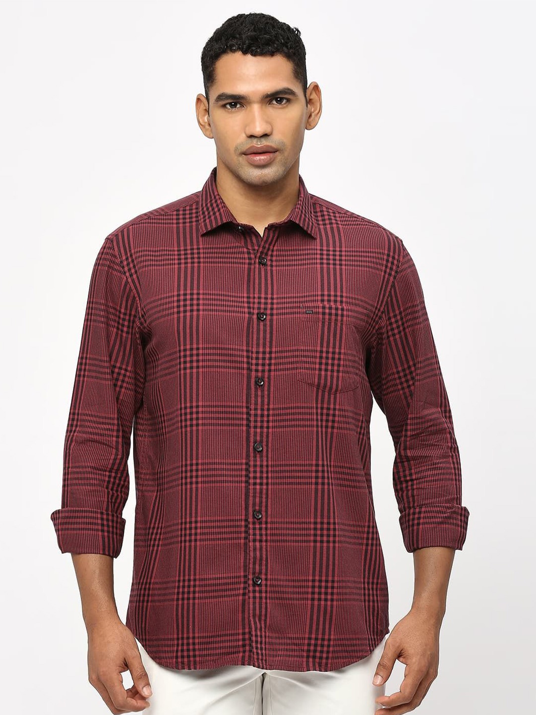 

Basics Men Slim Fit Tartan Checks Opaque Checked Casual Shirt, Red