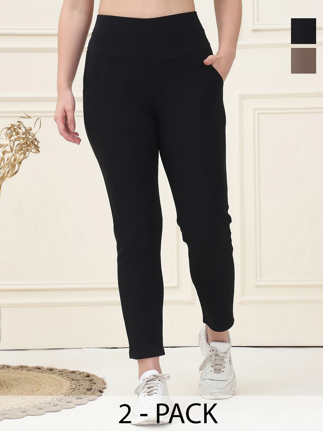

GRACIT Women pack of 2 Skinny Fit Jeggings, Black