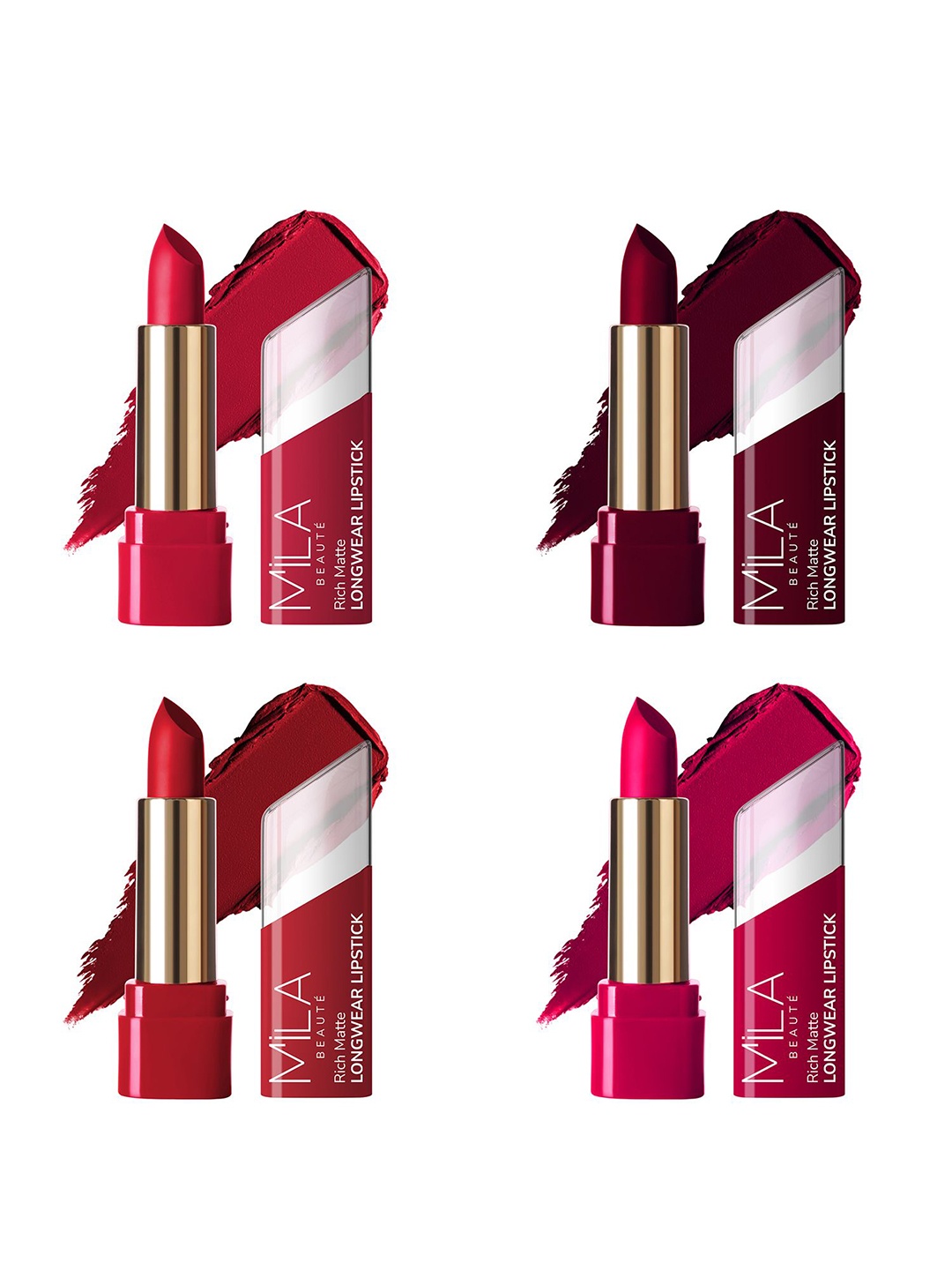 

MILA BEAUTE Set Of 4 Rich Matte Longwear Bullet Lipstick - 4.2g Each -604 -612 -615 -617, Red