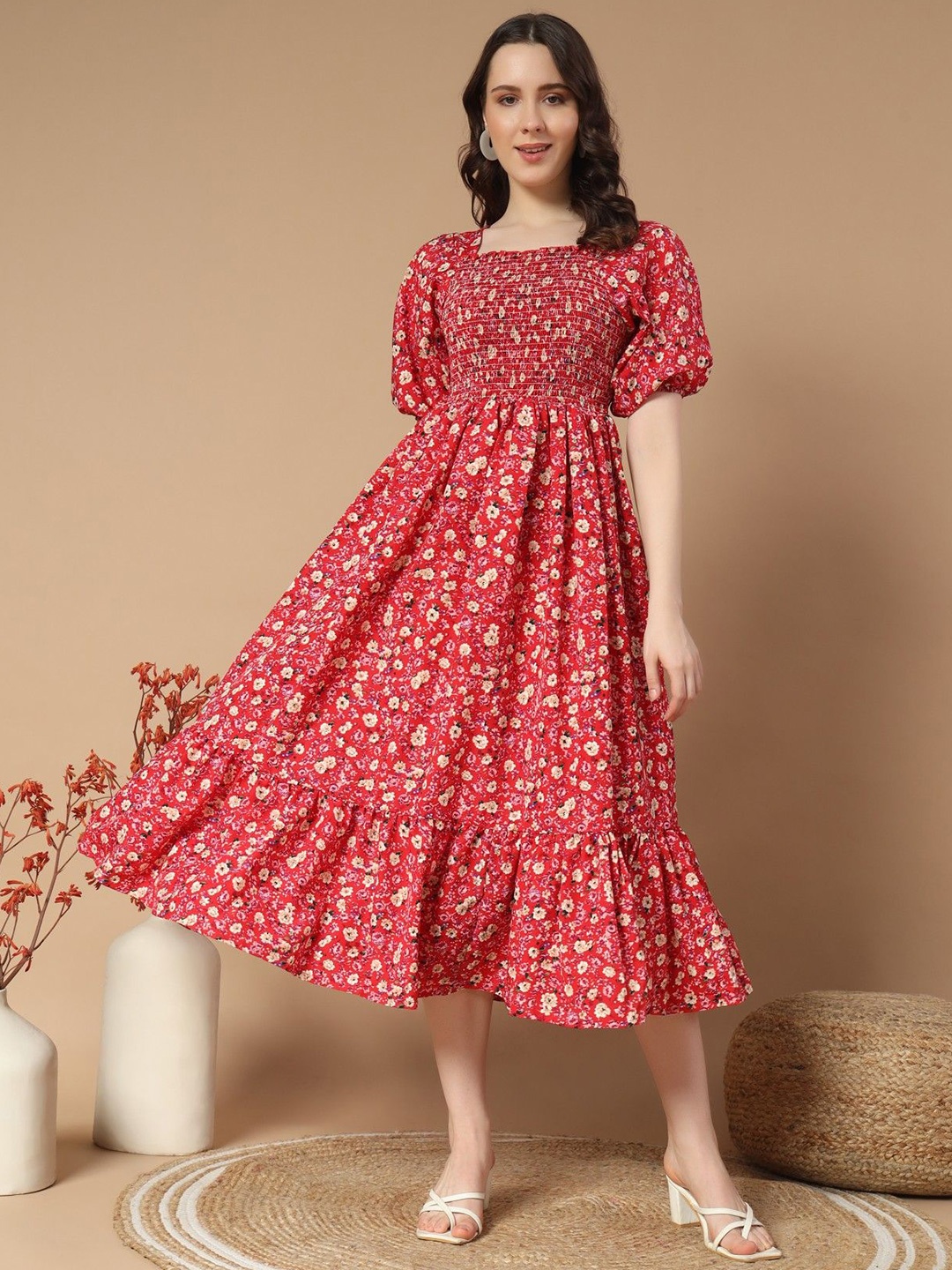 

Femvy Women Printed Puff Sleeve Fit & Flare Dress, Peach