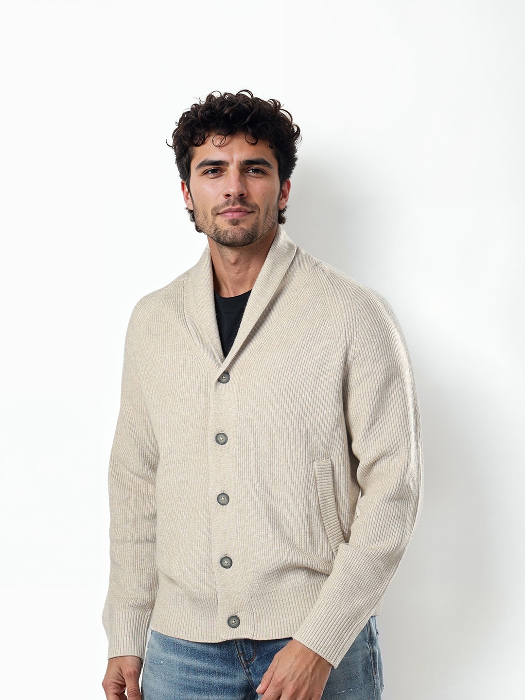 

Celio Men Shawl Collar Ribbed Cardigan, Beige