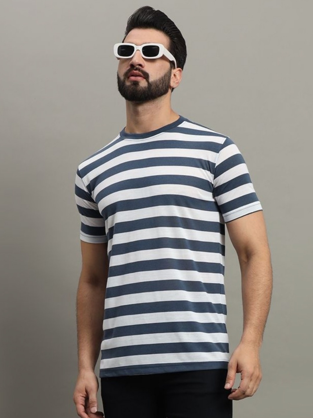 

GET GOLF Men Striped Round Neck Cotton T-shirt, Blue