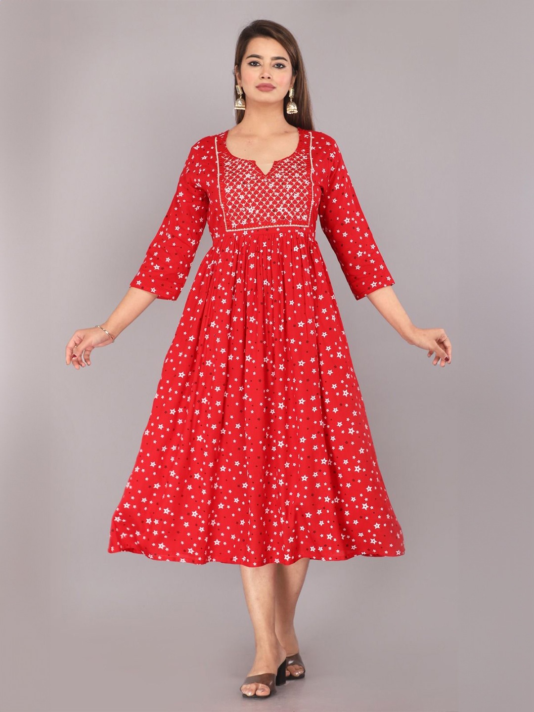 

DADIYA Star Women Printed Fit & Flared Midi Dress, Red