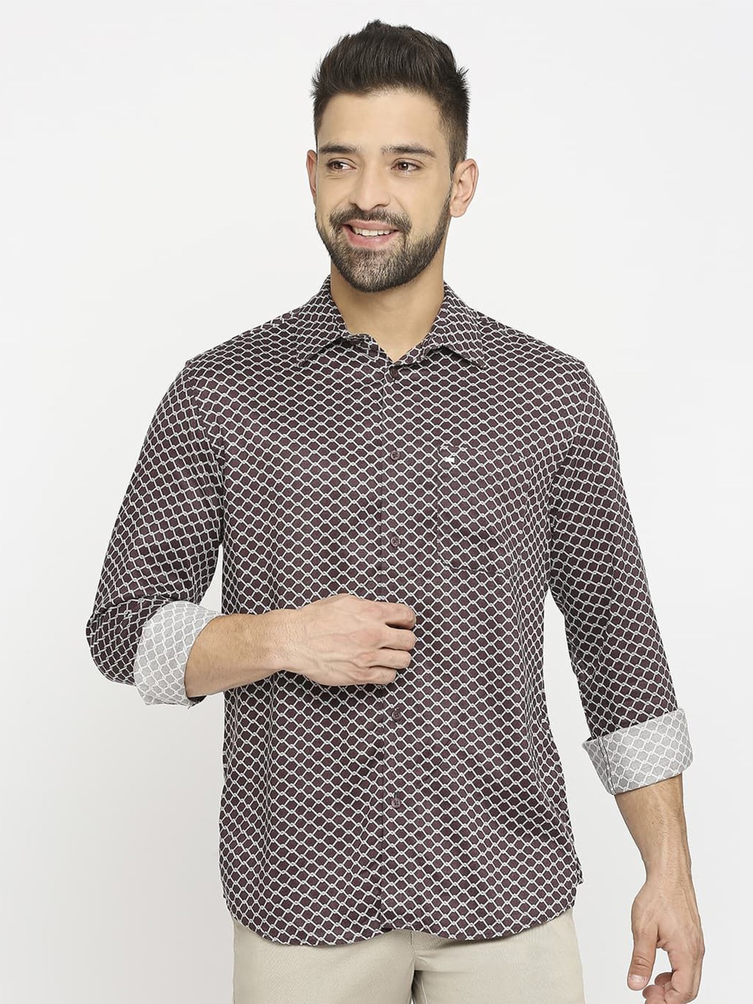 

Basics Men Slim Fit Opaque Printed Casual Shirt, Brown