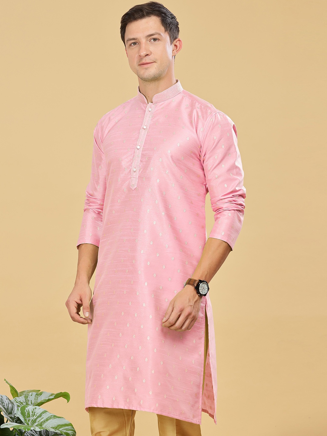 

Anouk Men Ethnic Motifs Regular Dupion Silk Kurta with Pyjamas, Pink